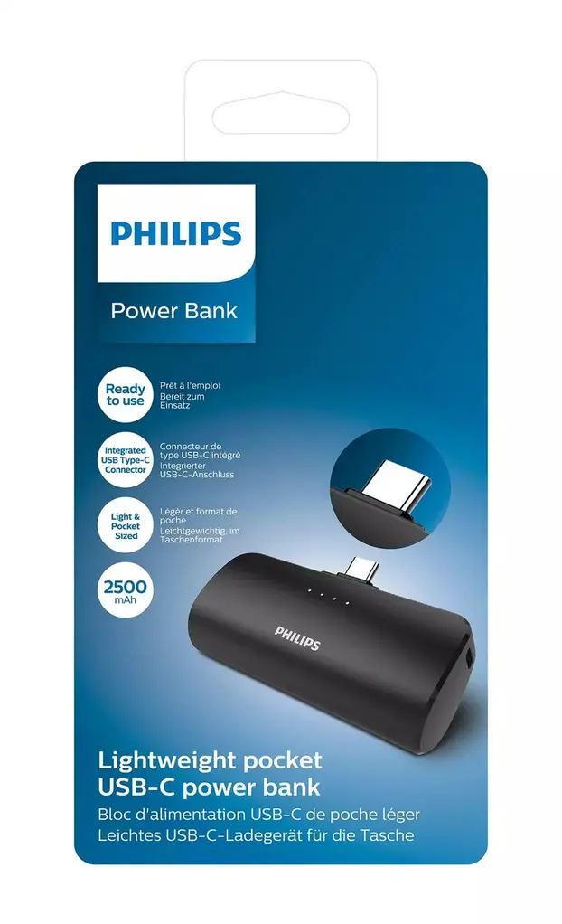 Philips power bank DLP2510C, 2500mAh, USB-C, crni