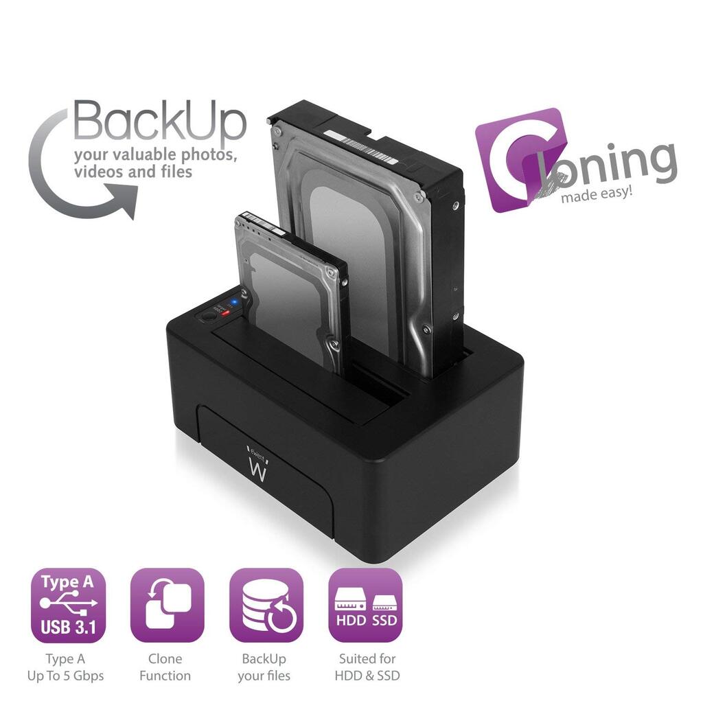 Stanica za HDD/SSD, 2x 2.5"/3.5", SATA na USB 3.1, crna, Ewent EW7014