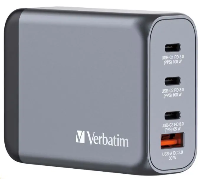 Adapter za napajanje VERBATIM GNC-100 GaN zidni punjač 100W, 2×USB-C PD 100W, 1×USB-C PD 65W, 1× USB-A QC3.0