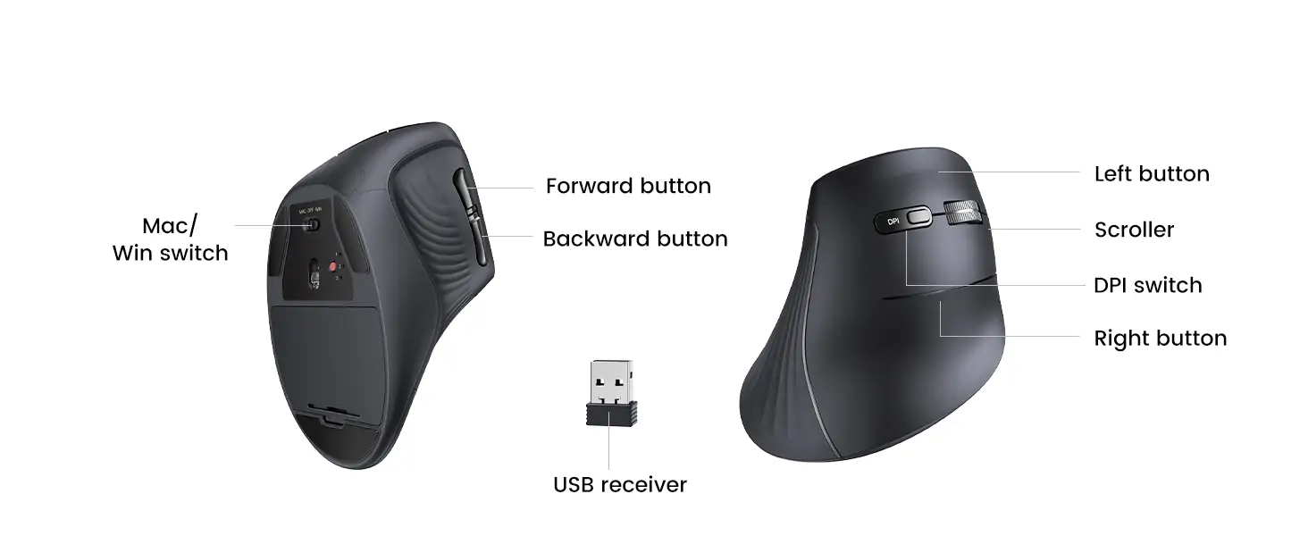 Miš UGREENbežični ergonomski miš, bluetooth, 4000 DPI, USB, crni